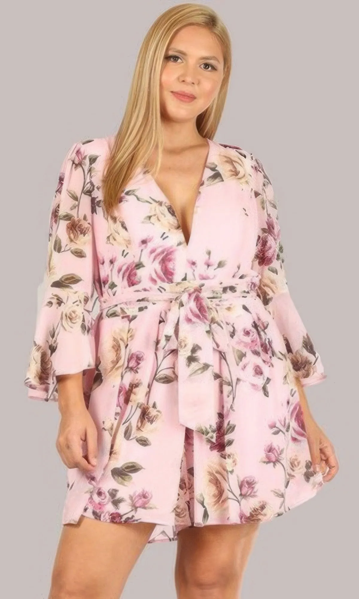 Floral Chiffon Tie-Waist Romper with 3/4 Sleeves