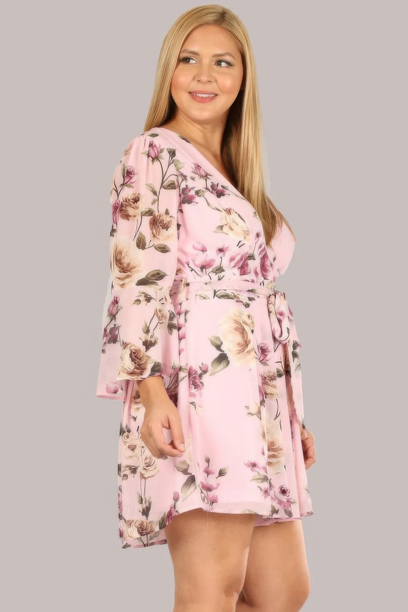 Floral Chiffon Tie-Waist Romper with 3/4 Sleeves