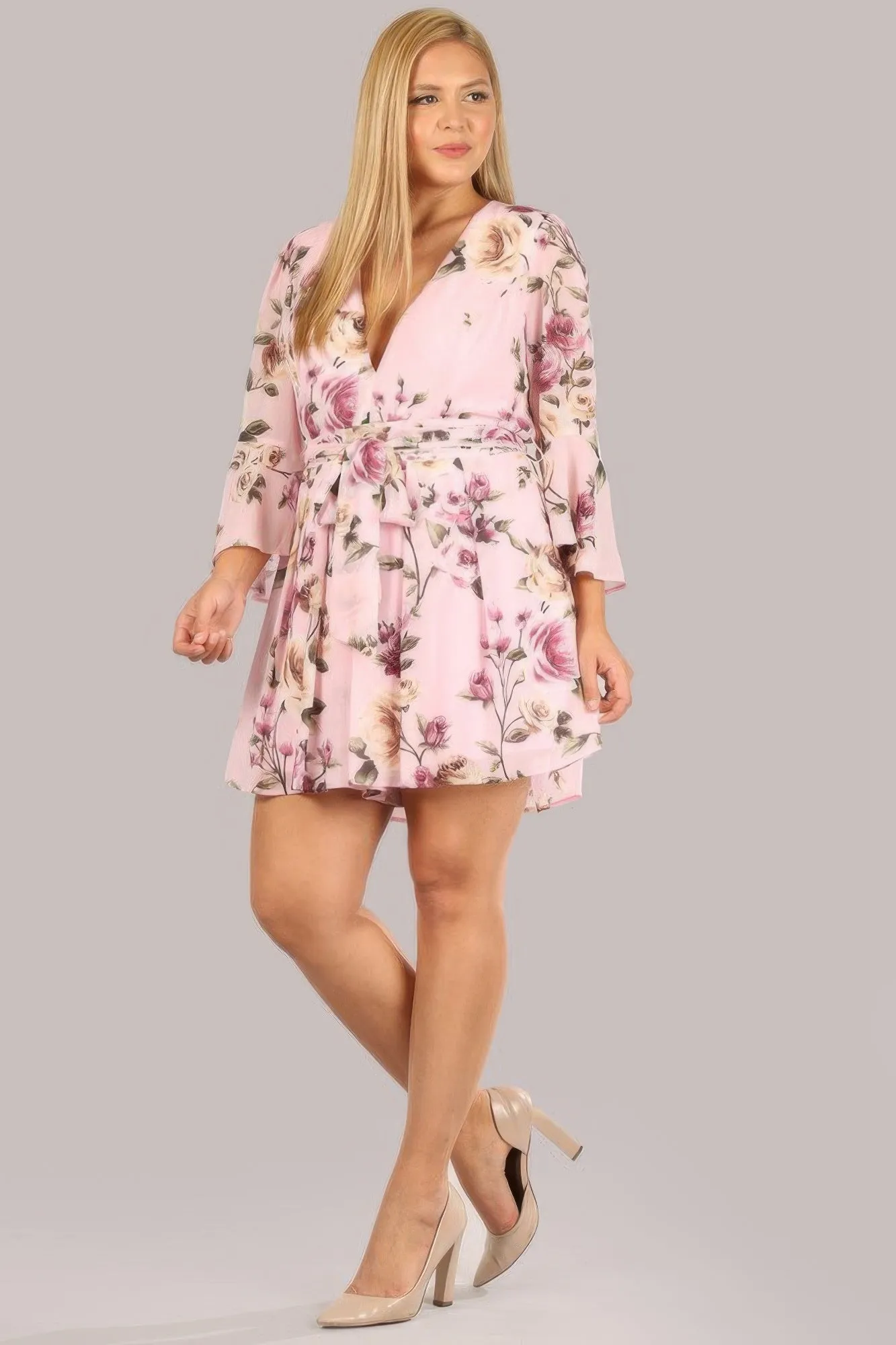Floral Chiffon Tie-Waist Romper with 3/4 Sleeves