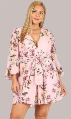 Floral Chiffon Tie-Waist Romper with 3/4 Sleeves