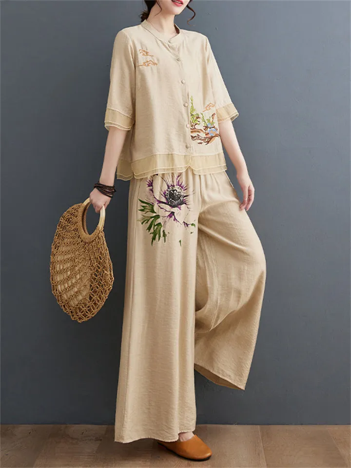 Floral Embroidered Shirt   Wide Leg Pants Female Two Piece Set