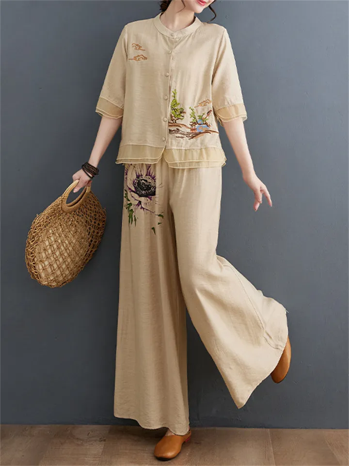 Floral Embroidered Shirt   Wide Leg Pants Female Two Piece Set