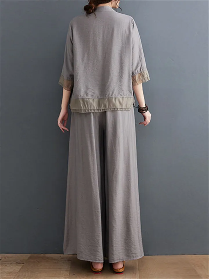 Floral Embroidered Shirt   Wide Leg Pants Female Two Piece Set