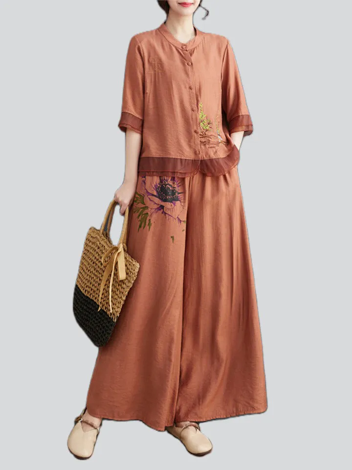 Floral Embroidered Shirt   Wide Leg Pants Female Two Piece Set