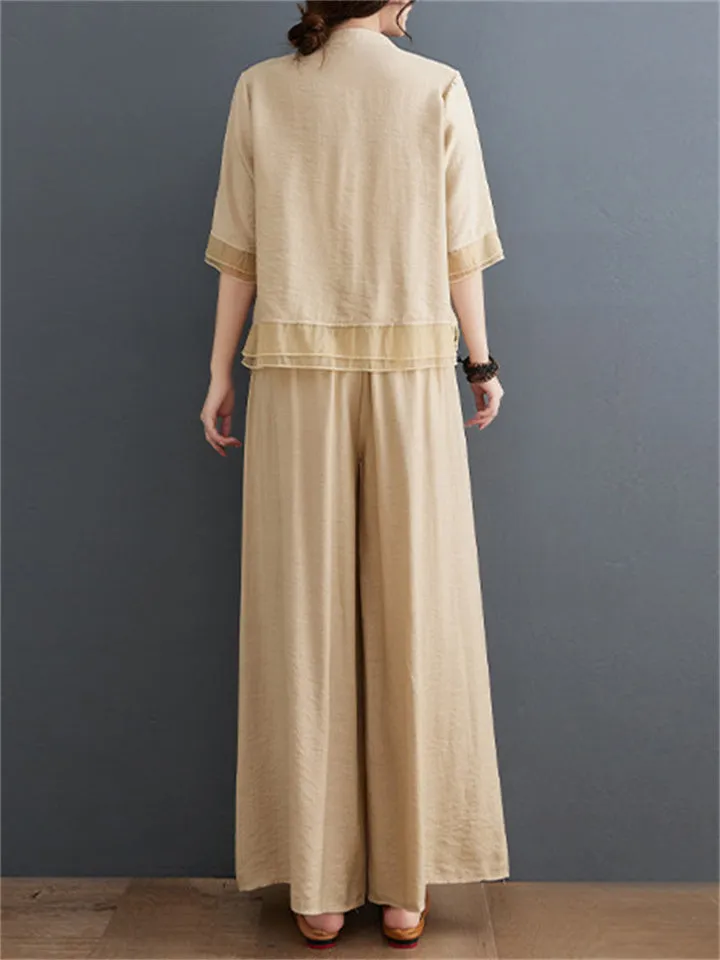 Floral Embroidered Shirt   Wide Leg Pants Female Two Piece Set