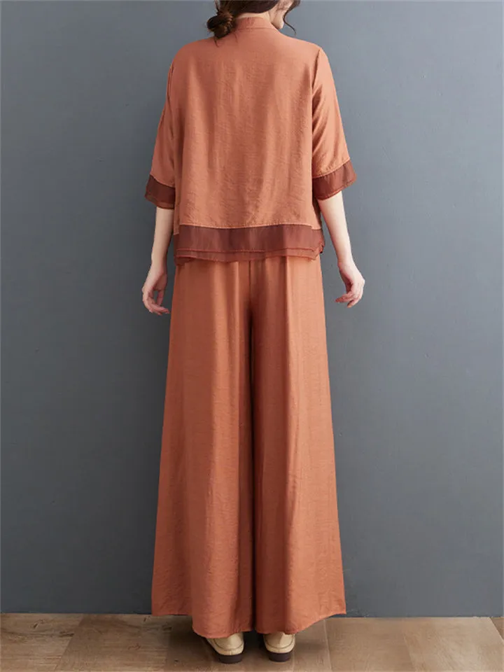 Floral Embroidered Shirt   Wide Leg Pants Female Two Piece Set