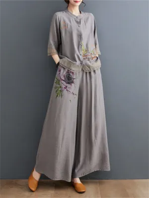 Floral Embroidered Shirt   Wide Leg Pants Female Two Piece Set