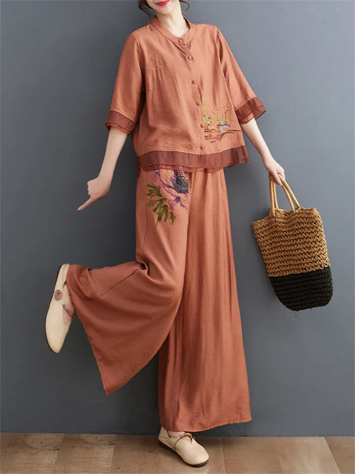 Floral Embroidered Shirt   Wide Leg Pants Female Two Piece Set