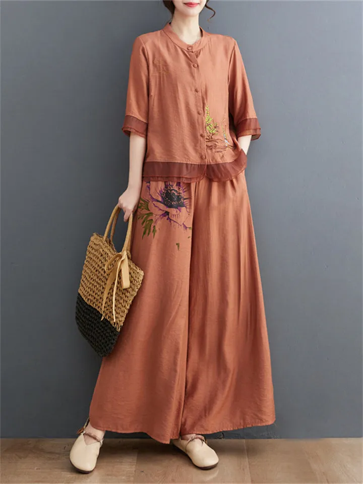 Floral Embroidered Shirt   Wide Leg Pants Female Two Piece Set