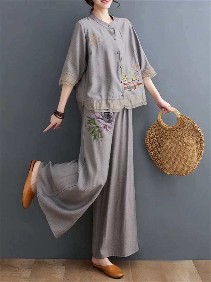Floral Embroidered Shirt   Wide Leg Pants Female Two Piece Set
