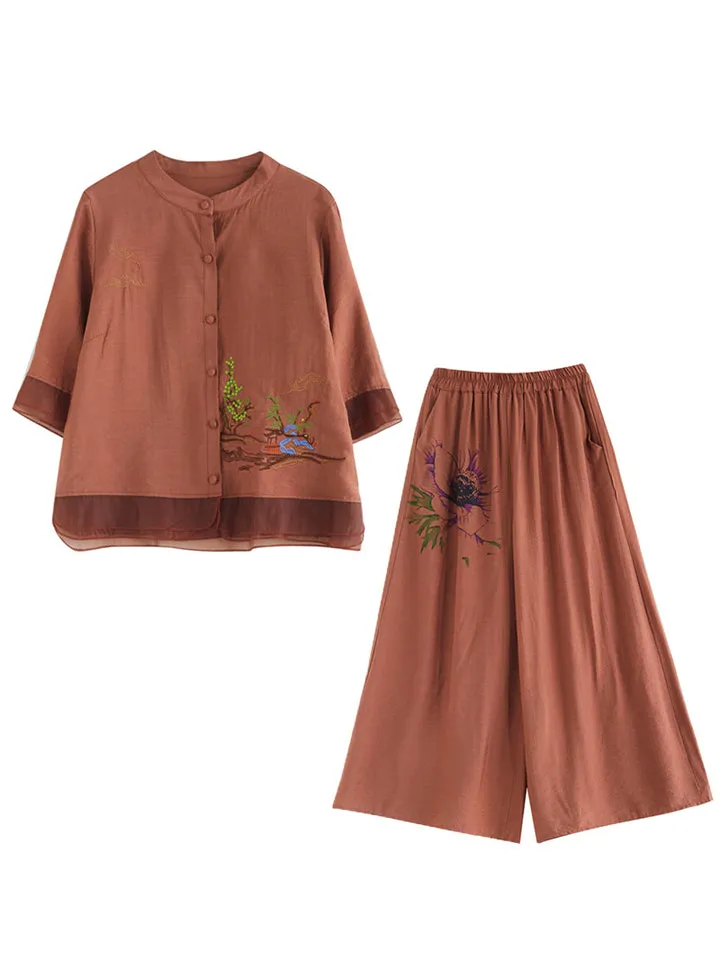 Floral Embroidered Shirt   Wide Leg Pants Female Two Piece Set