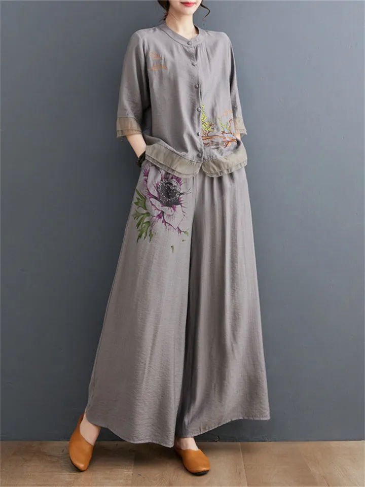 Floral Embroidered Shirt   Wide Leg Pants Female Two Piece Set