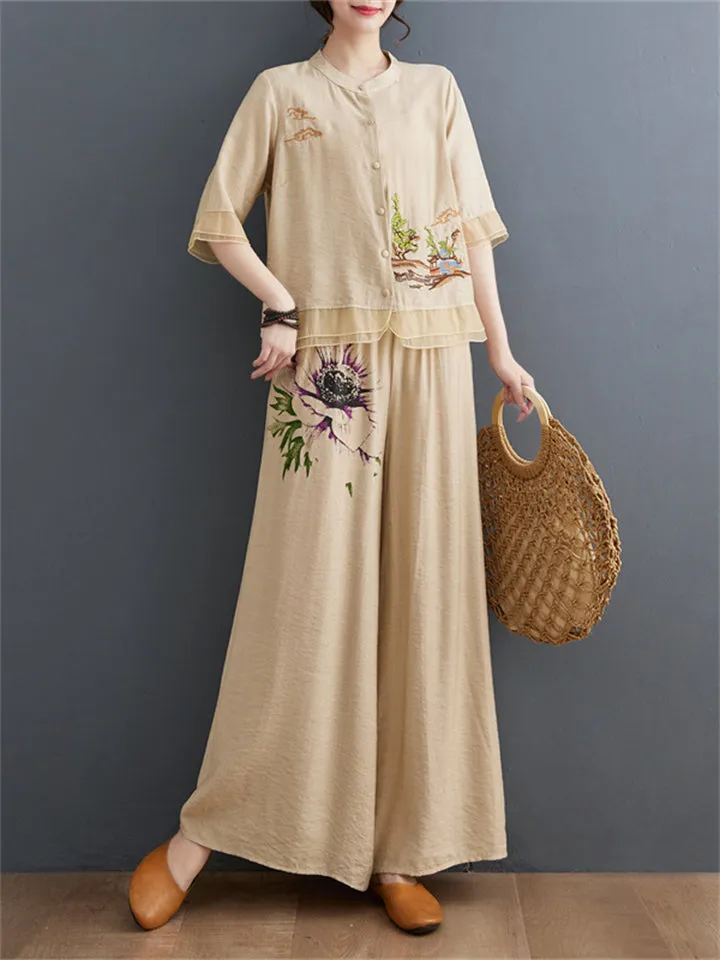 Floral Embroidered Shirt   Wide Leg Pants Female Two Piece Set