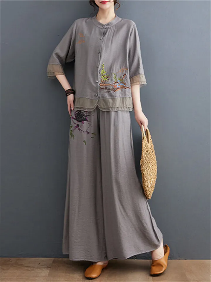 Floral Embroidered Shirt   Wide Leg Pants Female Two Piece Set