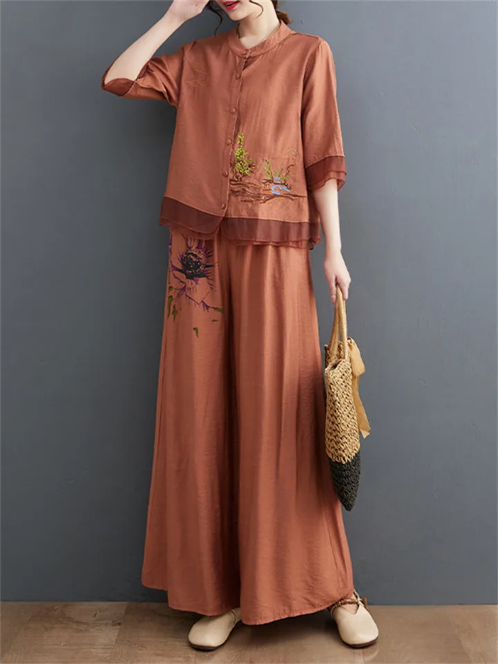 Floral Embroidered Shirt   Wide Leg Pants Female Two Piece Set
