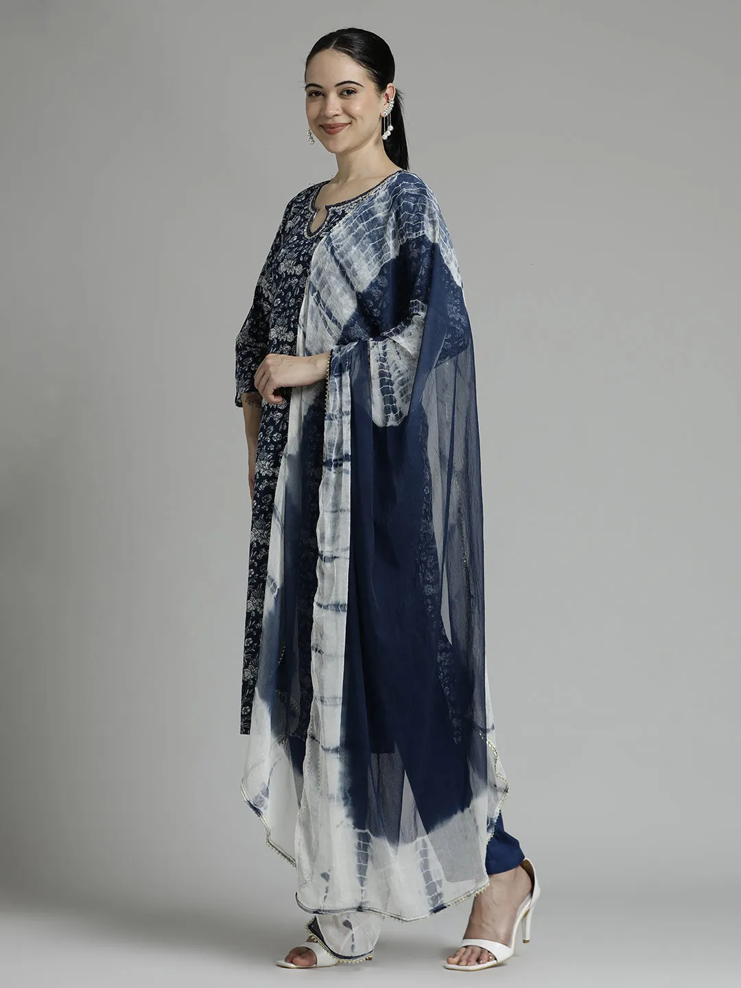 Floral Printed Cotton Blue Suit Set