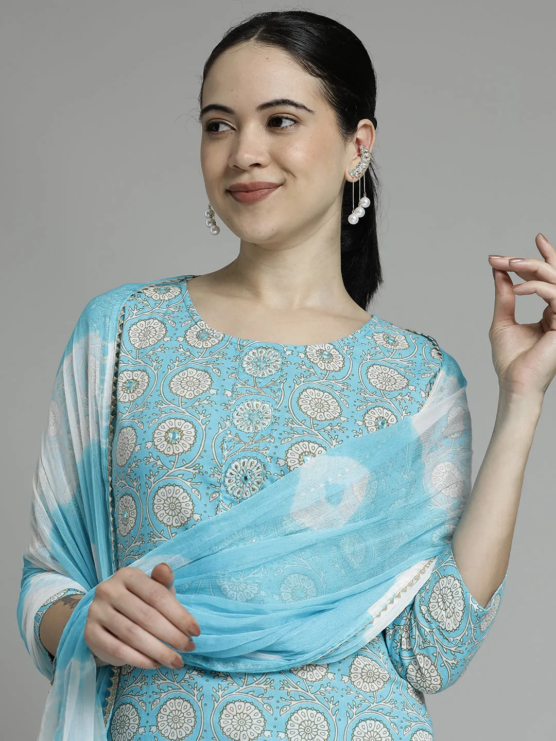Floral Printed Pure Cotton Kurta Set With Dupatta