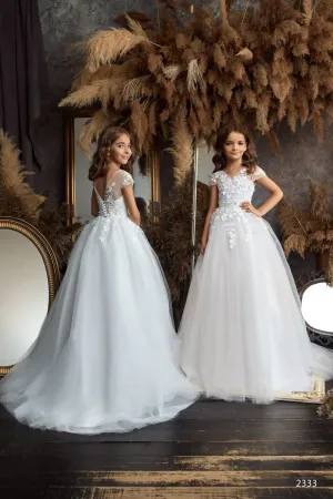 Flower Girl Ball Gown with Leaf Décor and a Train