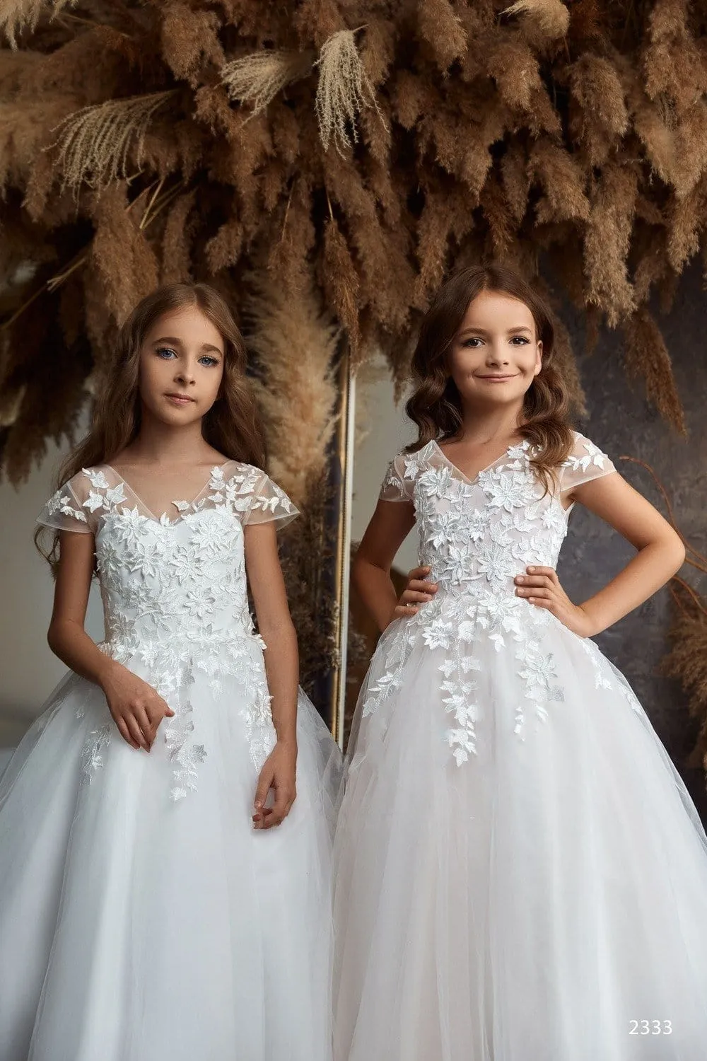 Flower Girl Ball Gown with Leaf Décor and a Train