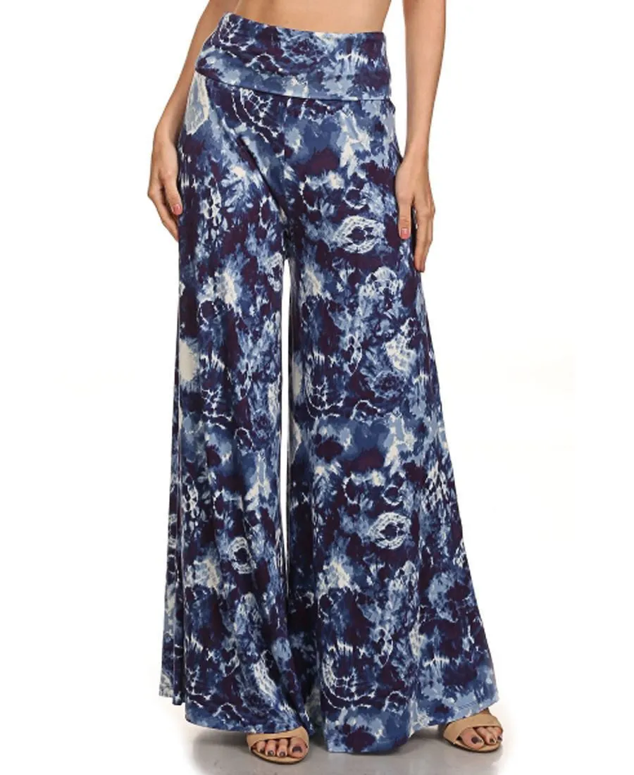 Foldover Palazzo Pants Denim Blue Tie Dye Lion
