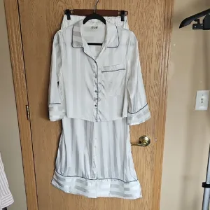 FREE PEOPLE Striped White Pajama Set with Blue Trim