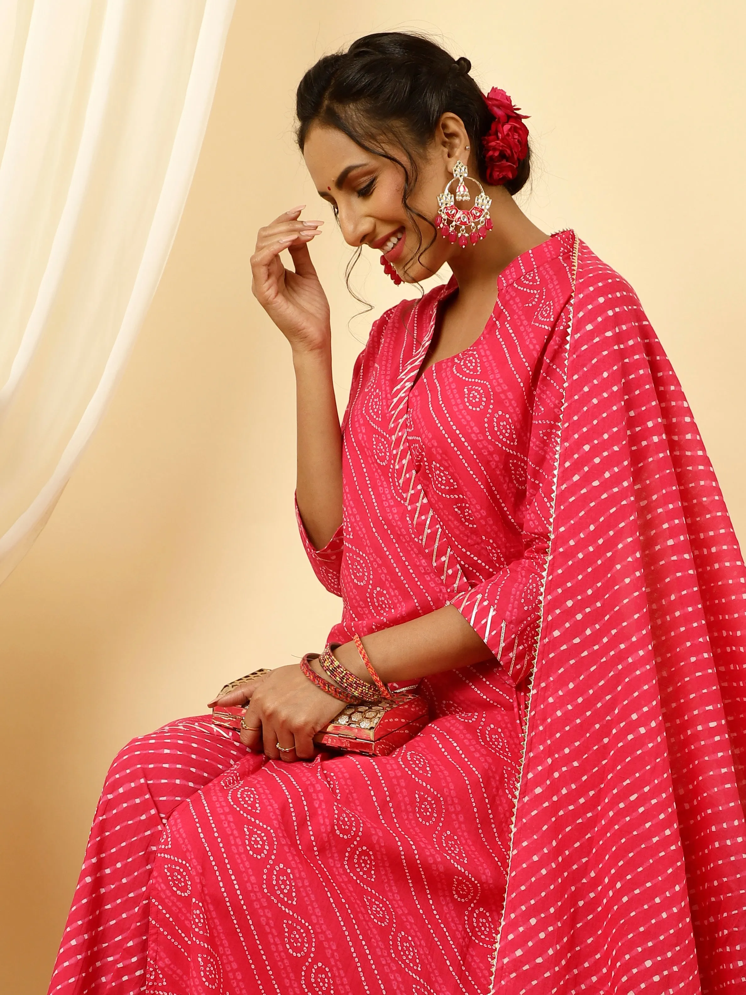 Fuchsia Pink Bandhani Angrakha Kurta With Leheriya Pants And Dupatta