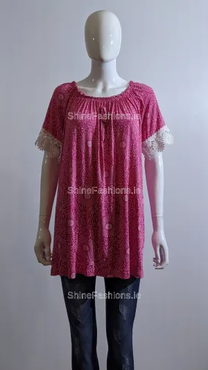 Fuchsia Printed Lace Detail Top