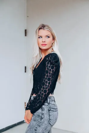 Giovanna Sheer Lace Crop Top - Black