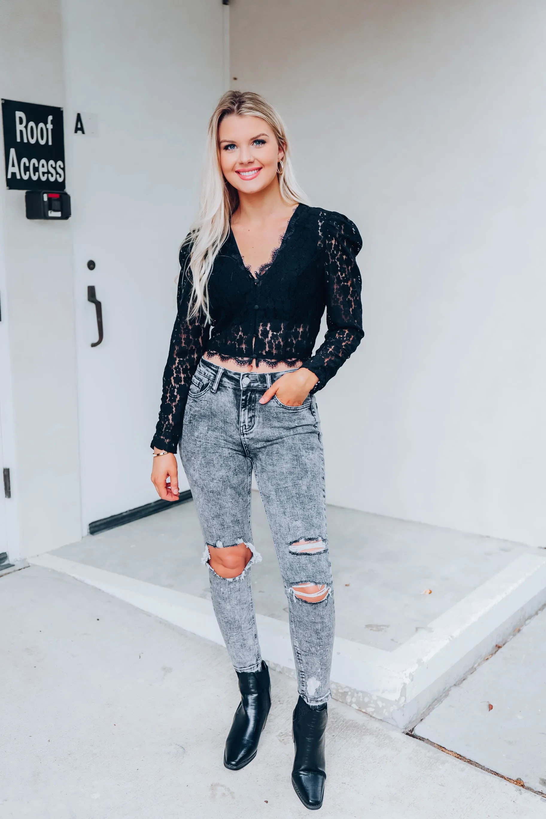 Giovanna Sheer Lace Crop Top - Black