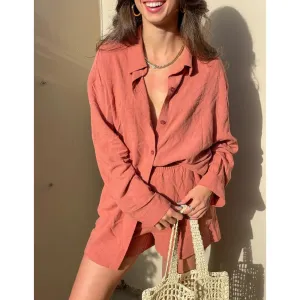 GIRL CRUSH LINEN BUTTON UP SHIRT TERRACOTTA