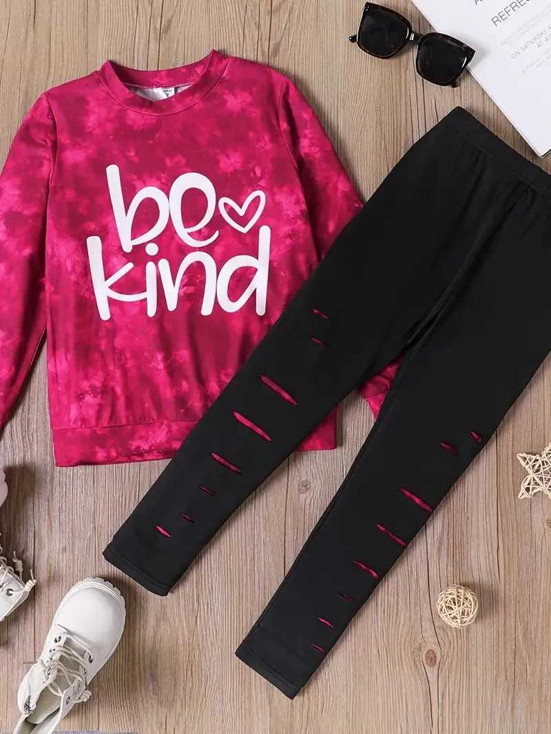 Girl's Be Kind Printed Ripped Design Elastic Waist Pink Pant Set
