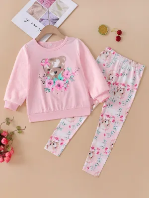 Girls Bear Graphic Sweatshirt and Printed Pants Set