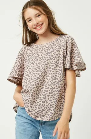 Girls Leopard Print Drop Shoulder Terry Tee
