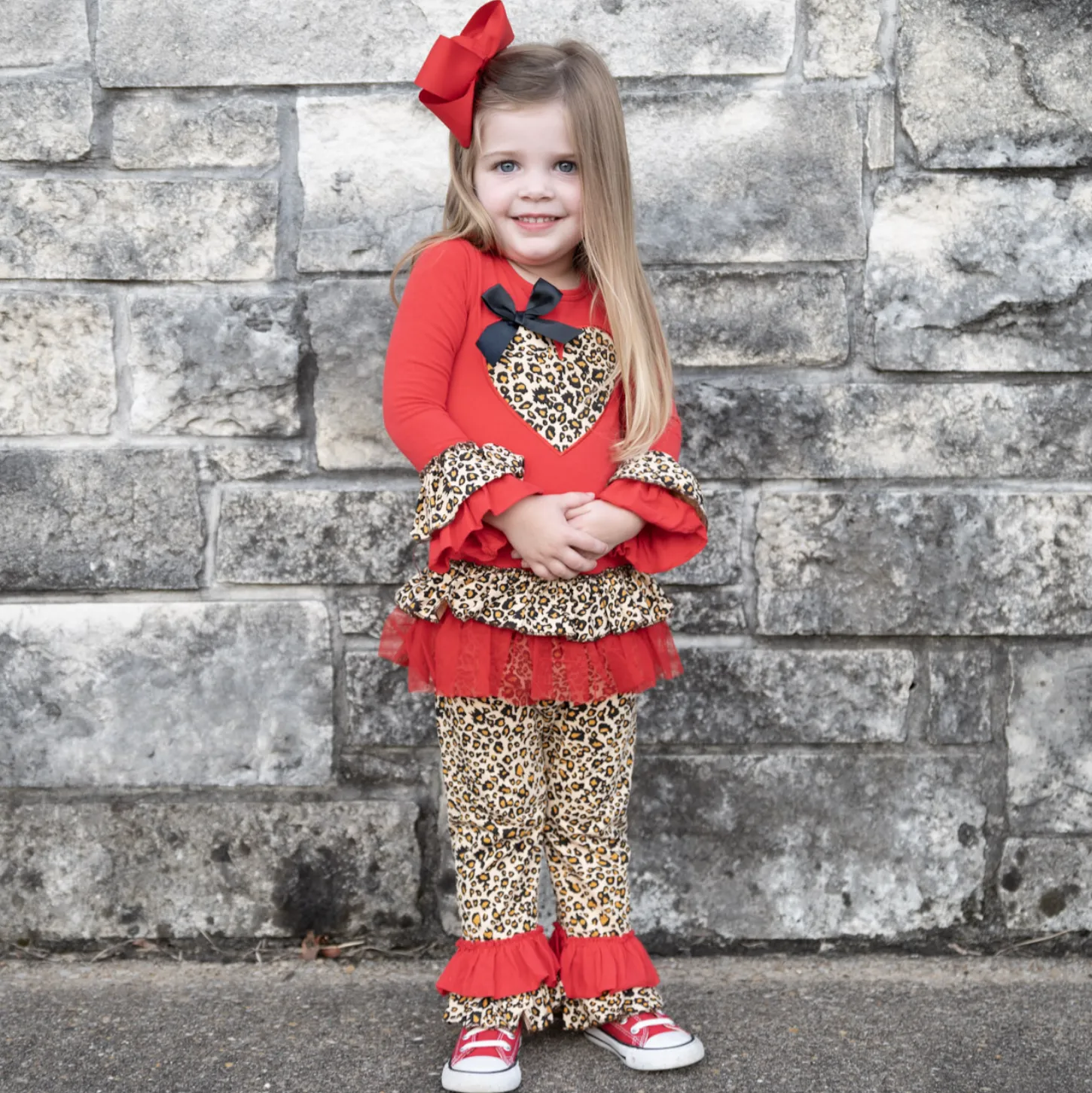Girls Valentine's Day Leopard Heart Long Sleeve Tunic & Ruffle Pants Set