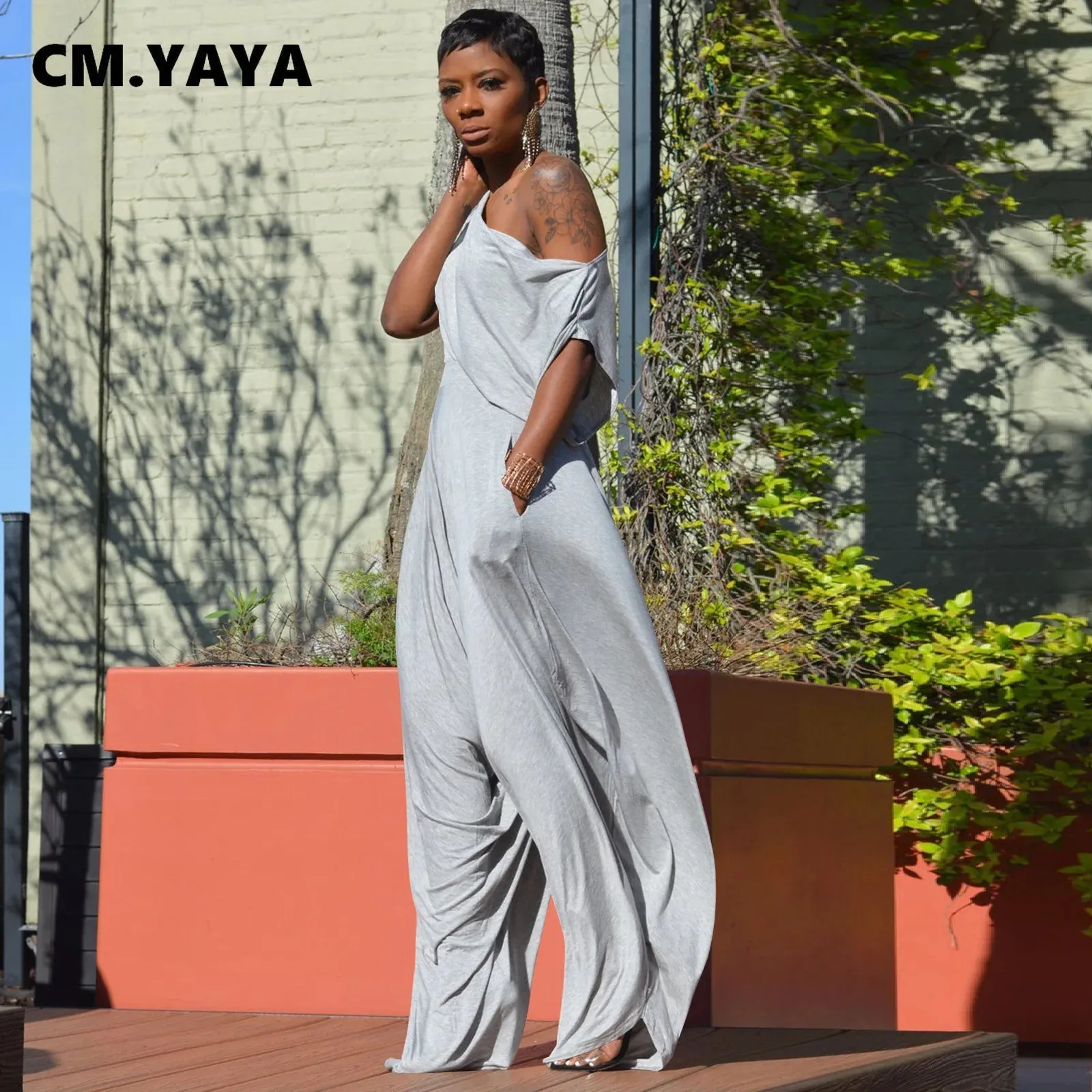 GLCMYAYA Hip Hop Women Set One Shouder Short Sleeve T-shirt and Loose Haren Pants Suit Sweatsuit Tracksuit Two Piece Set Outfits
