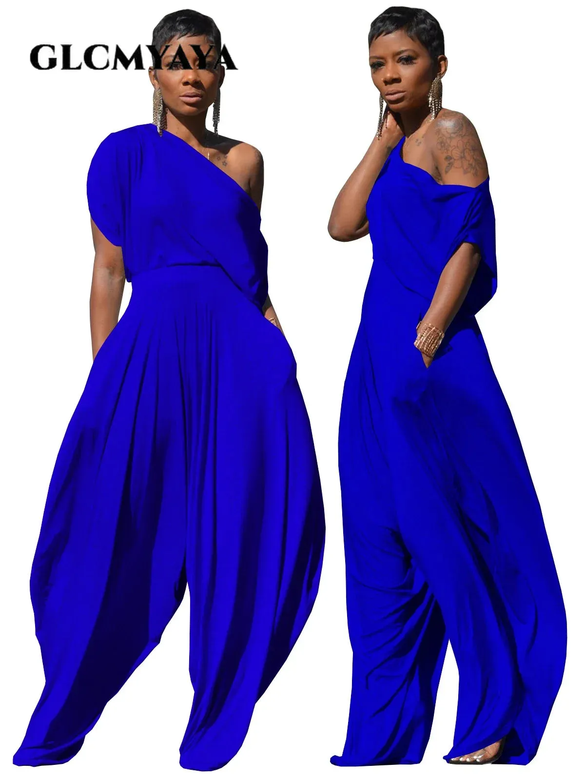 GLCMYAYA Hip Hop Women Set One Shouder Short Sleeve T-shirt and Loose Haren Pants Suit Sweatsuit Tracksuit Two Piece Set Outfits