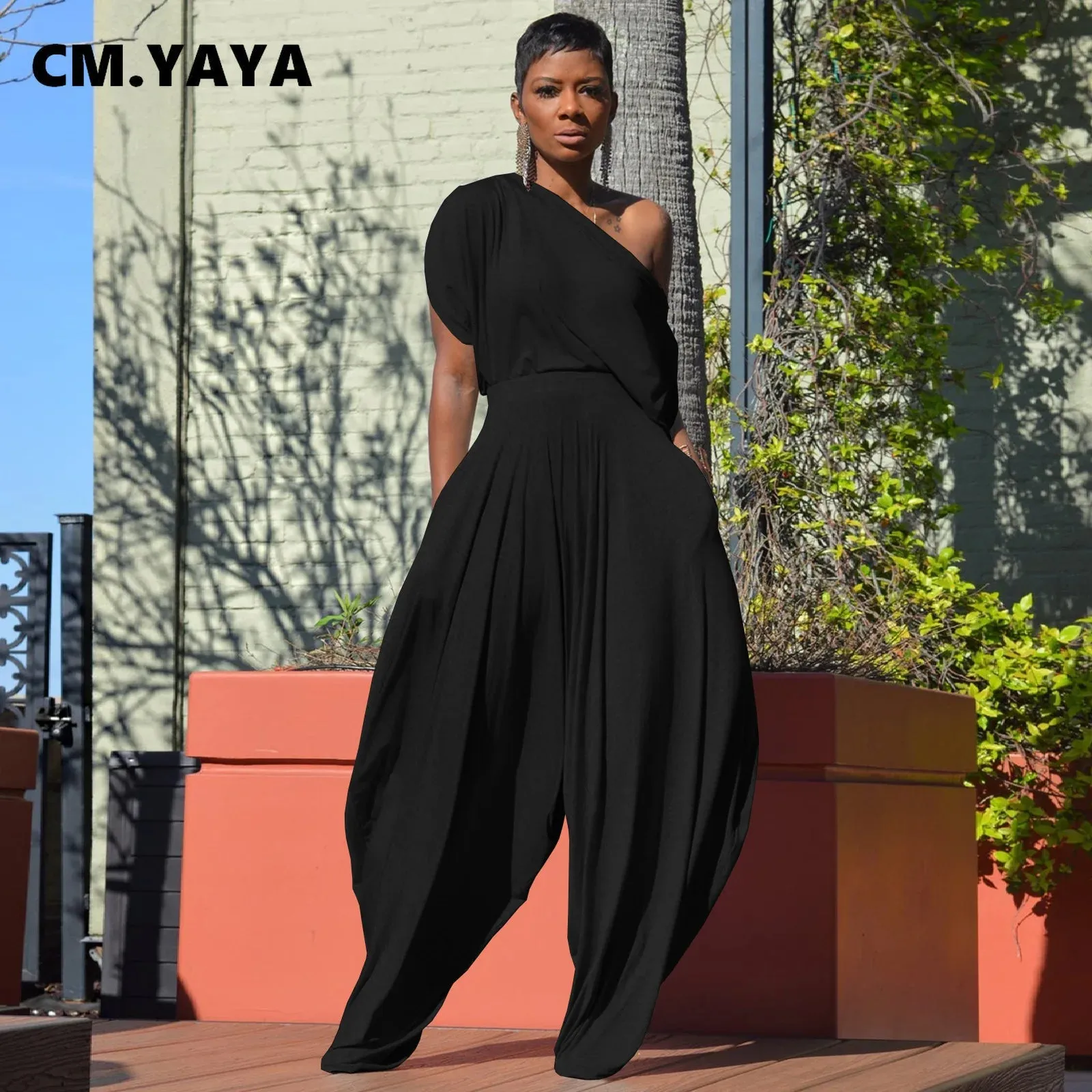 GLCMYAYA Hip Hop Women Set One Shouder Short Sleeve T-shirt and Loose Haren Pants Suit Sweatsuit Tracksuit Two Piece Set Outfits