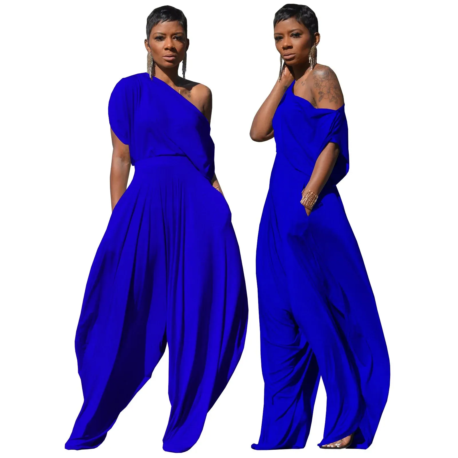GLCMYAYA Hip Hop Women Set One Shouder Short Sleeve T-shirt and Loose Haren Pants Suit Sweatsuit Tracksuit Two Piece Set Outfits