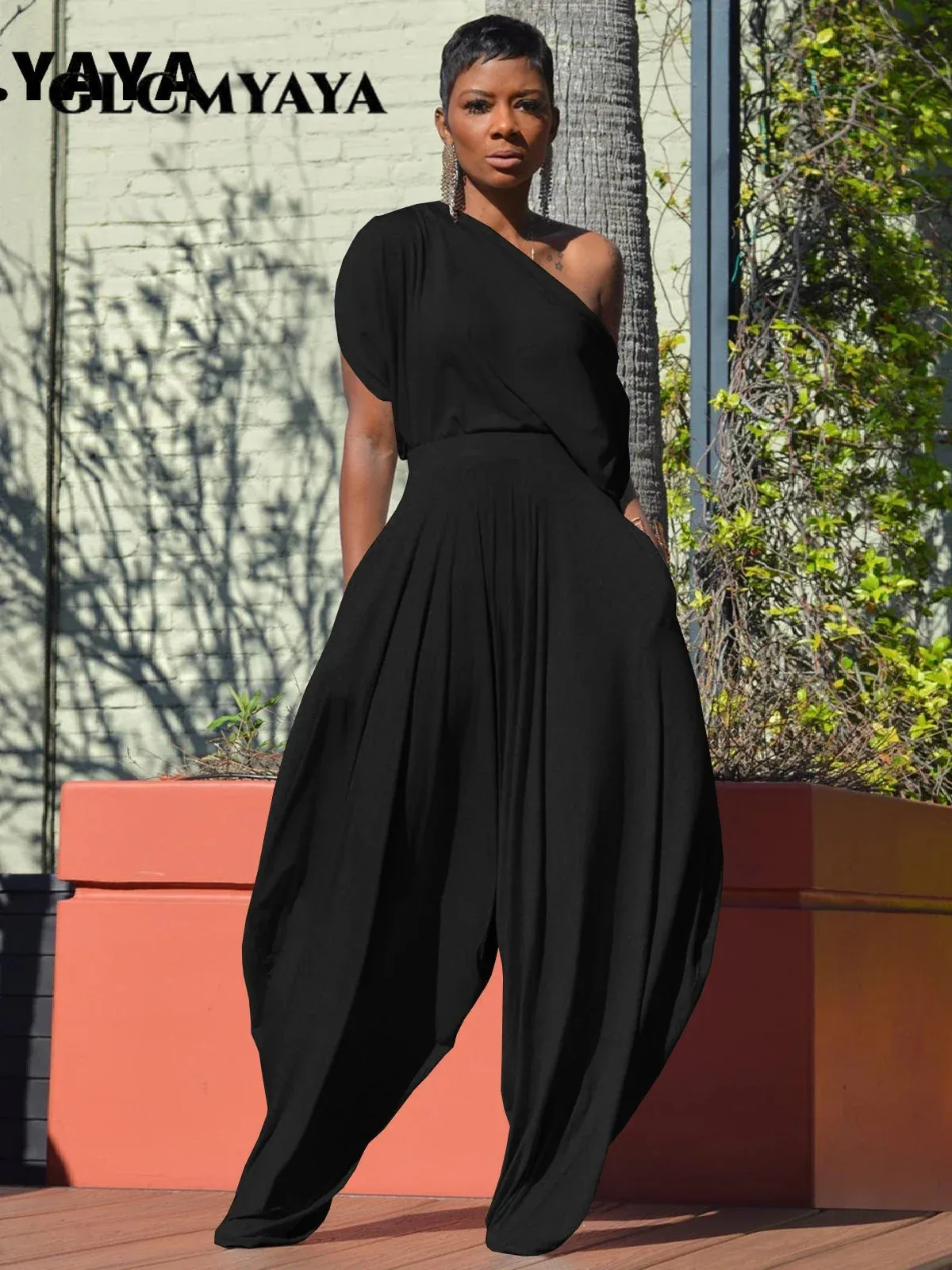 GLCMYAYA Hip Hop Women Set One Shouder Short Sleeve T-shirt and Loose Haren Pants Suit Sweatsuit Tracksuit Two Piece Set Outfits