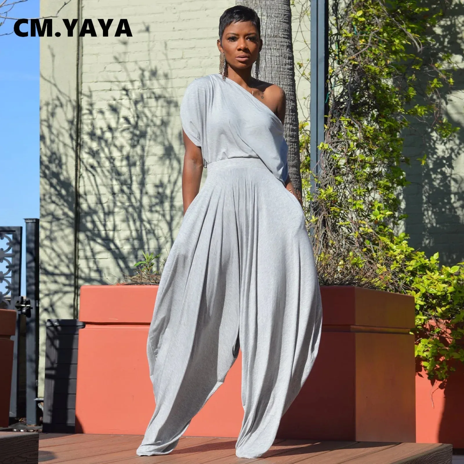 GLCMYAYA Hip Hop Women Set One Shouder Short Sleeve T-shirt and Loose Haren Pants Suit Sweatsuit Tracksuit Two Piece Set Outfits