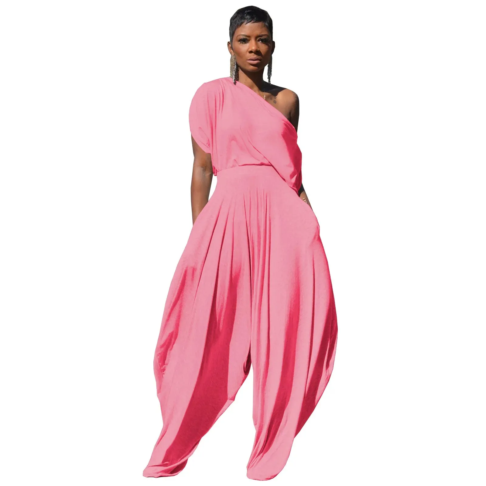 GLCMYAYA Hip Hop Women Set One Shouder Short Sleeve T-shirt and Loose Haren Pants Suit Sweatsuit Tracksuit Two Piece Set Outfits