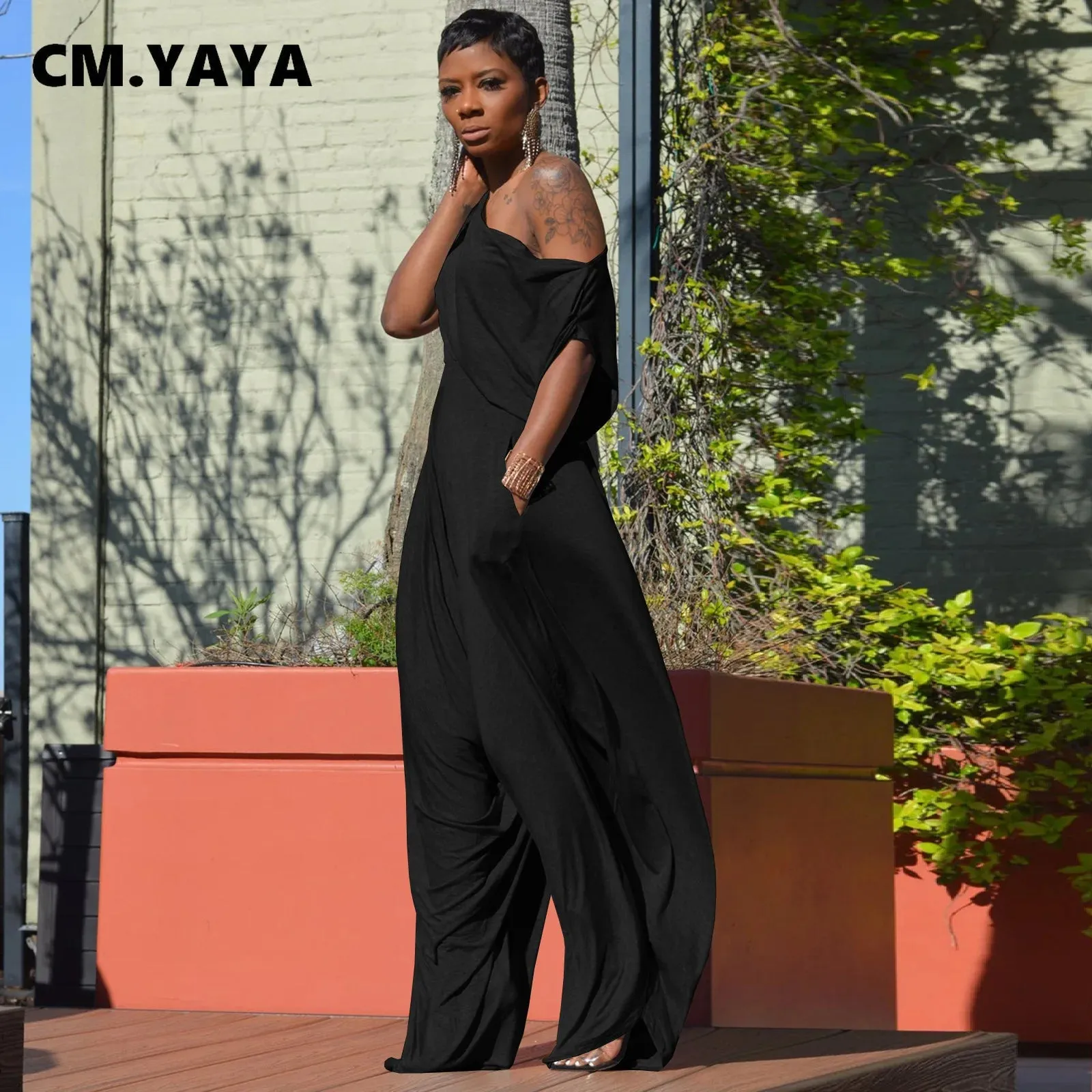 GLCMYAYA Hip Hop Women Set One Shouder Short Sleeve T-shirt and Loose Haren Pants Suit Sweatsuit Tracksuit Two Piece Set Outfits