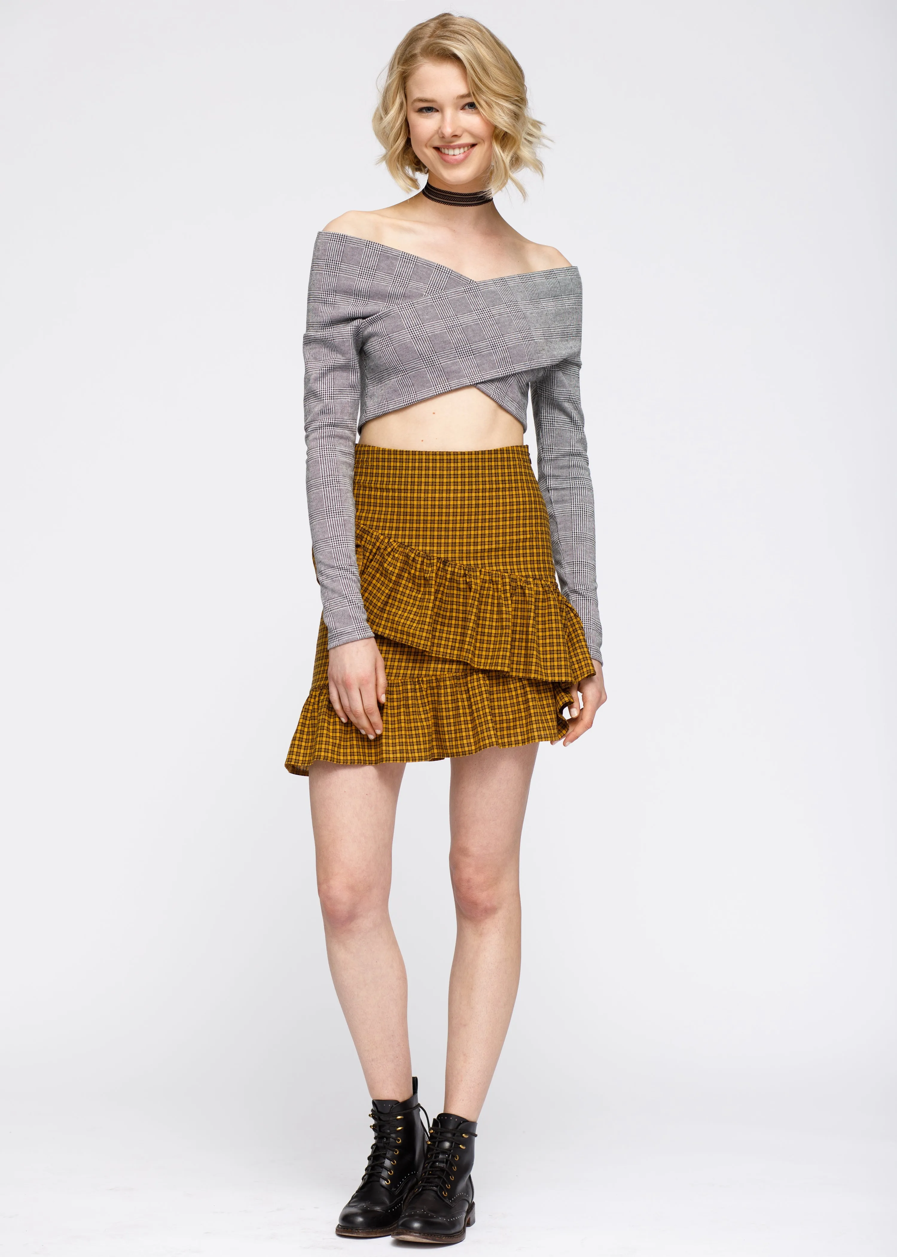 Glen Plaid Off Shoulder Crisscross Crop Top In Grey by Shop at Konus