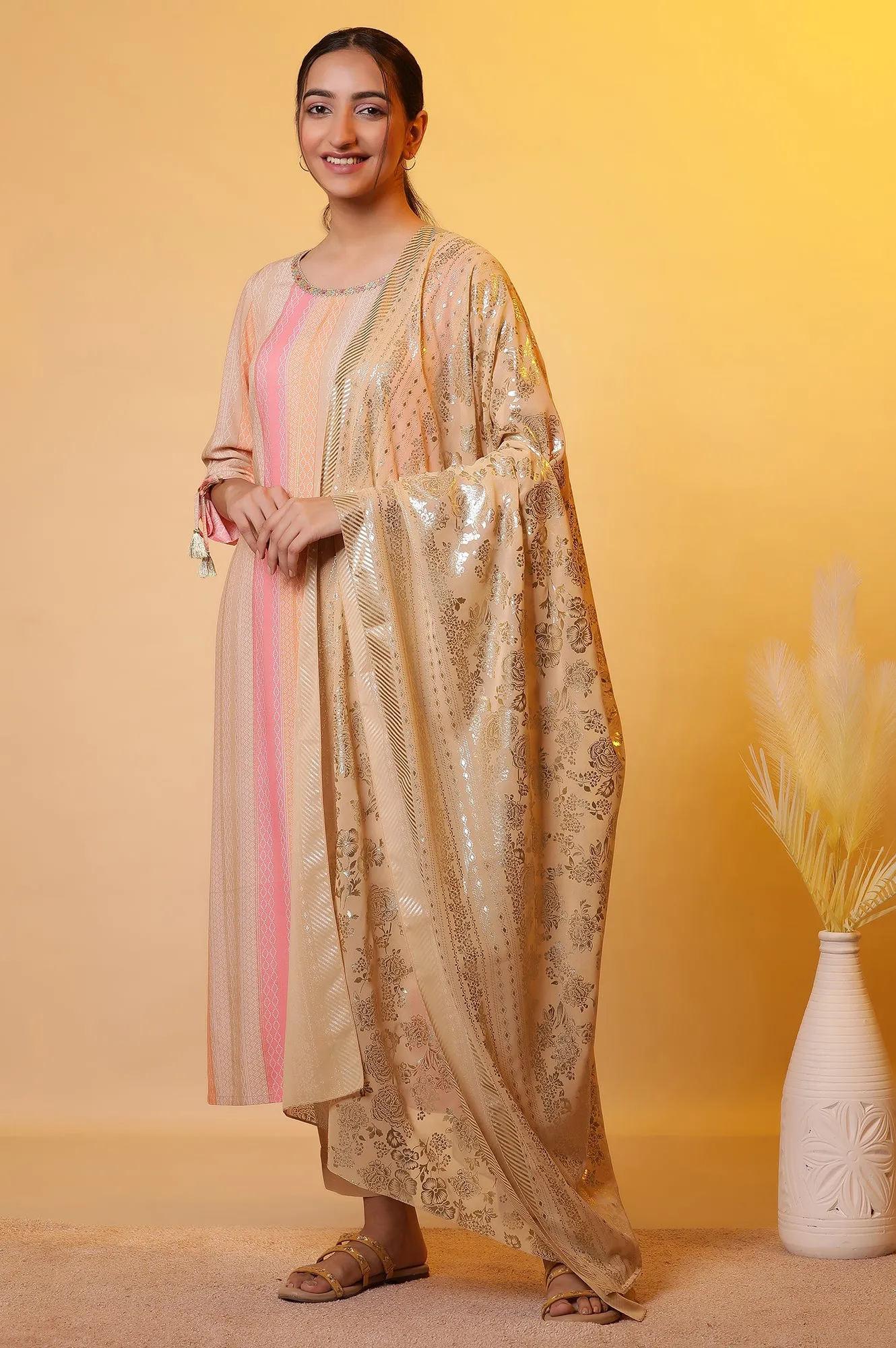 Gold Floral Printed Dupatta