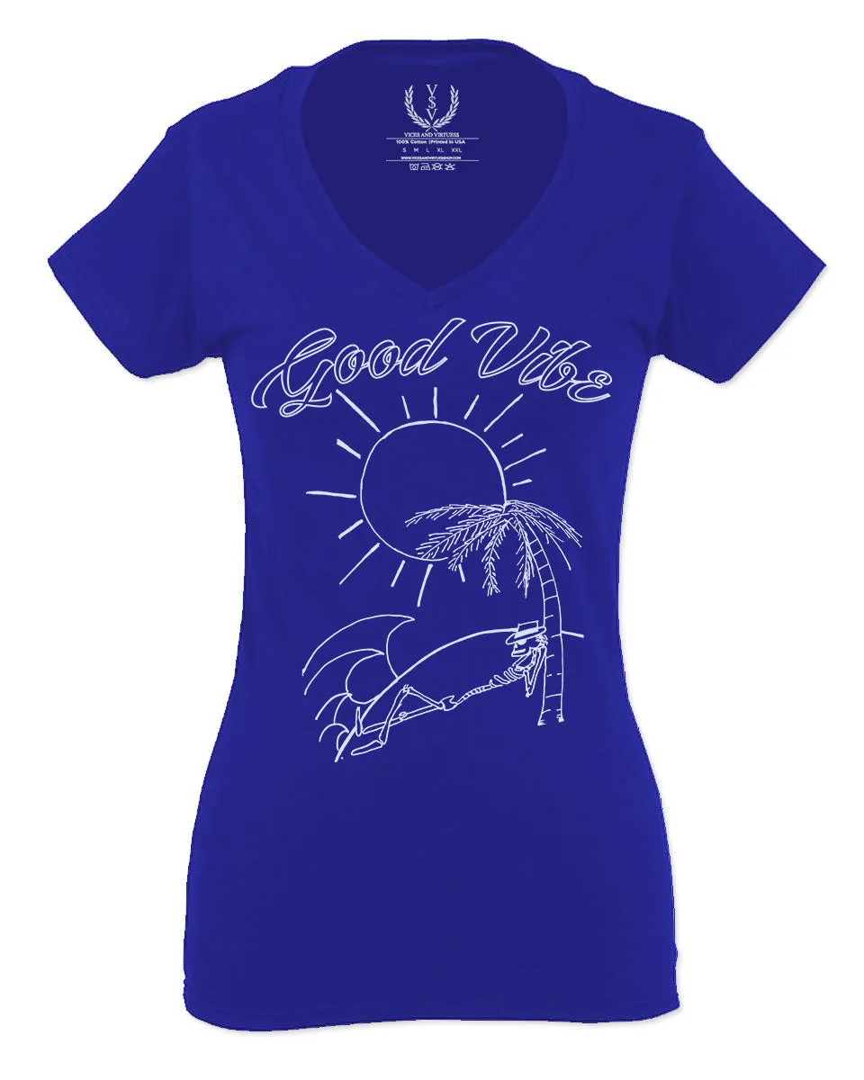 Good Vibe Summer Vintage Retro Beach surf Palm Tree Vacation Skeleton For Women V neck fitted T Shirt