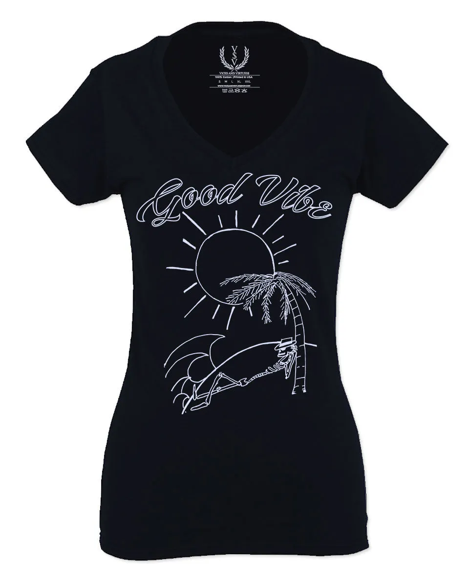 Good Vibe Summer Vintage Retro Beach surf Palm Tree Vacation Skeleton For Women V neck fitted T Shirt