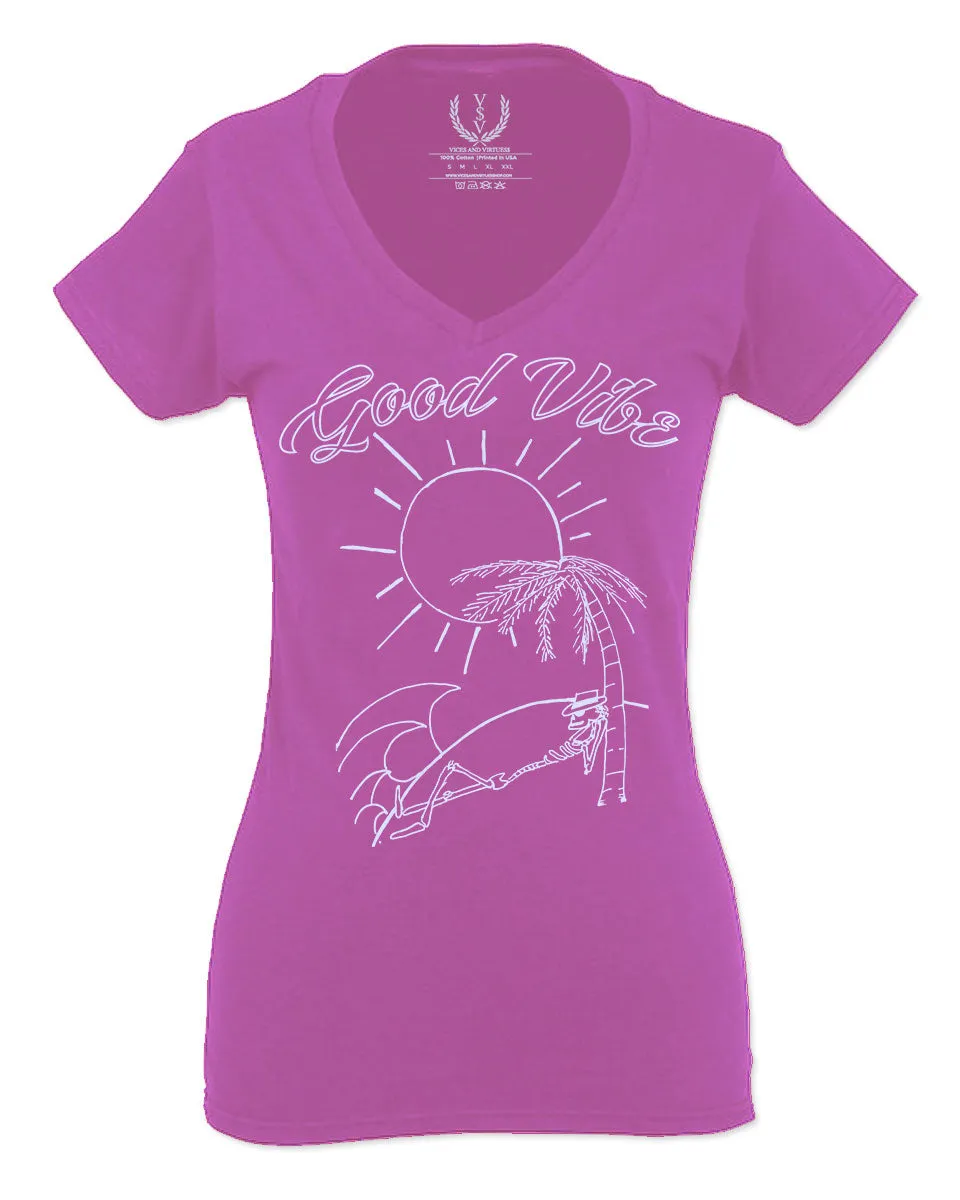 Good Vibe Summer Vintage Retro Beach surf Palm Tree Vacation Skeleton For Women V neck fitted T Shirt