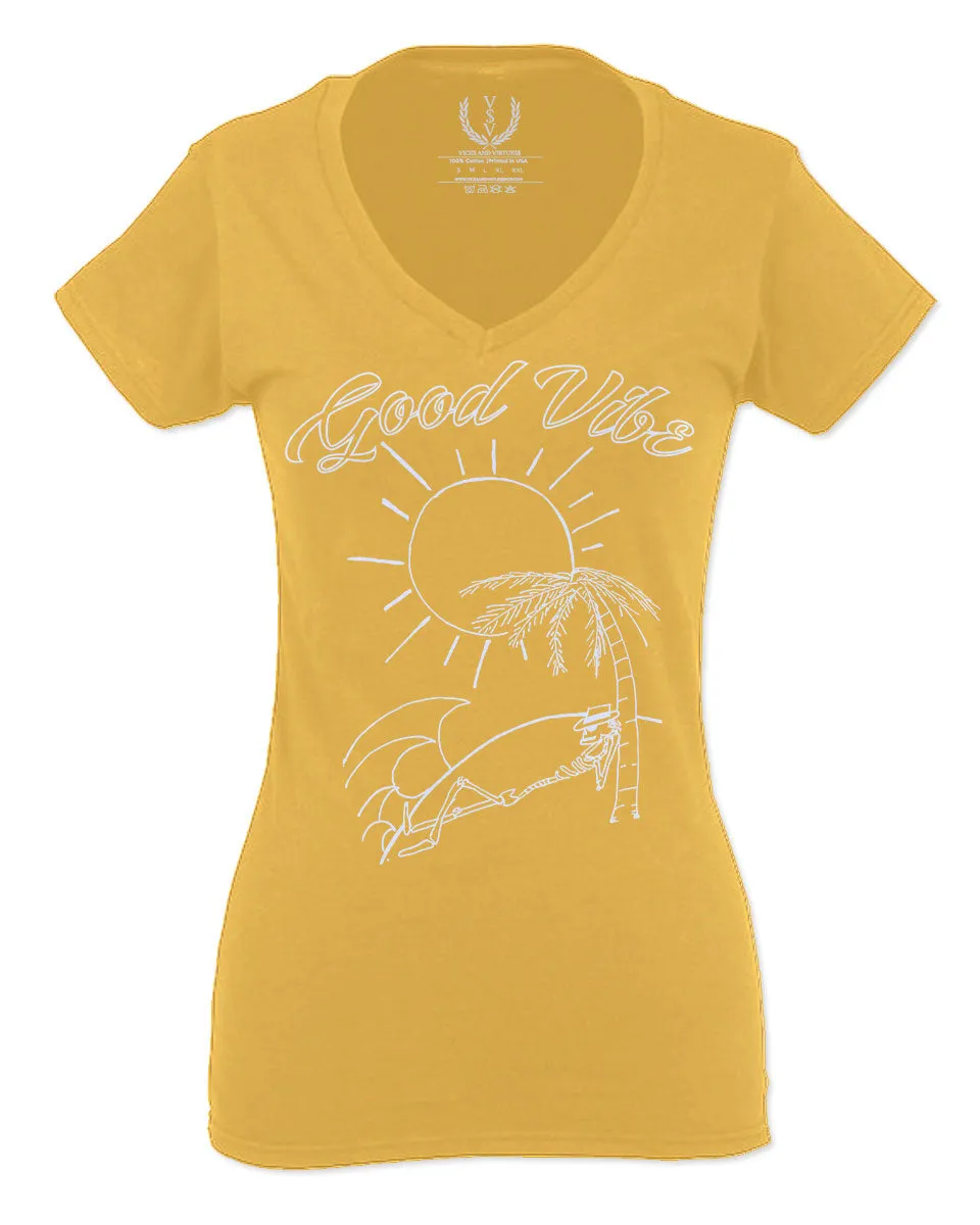 Good Vibe Summer Vintage Retro Beach surf Palm Tree Vacation Skeleton For Women V neck fitted T Shirt