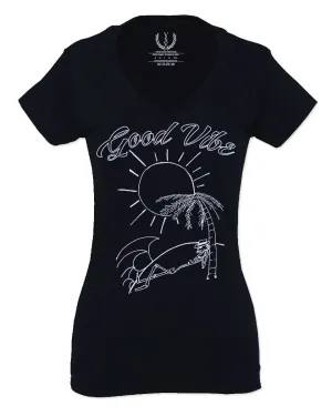 Good Vibe Summer Vintage Retro Beach surf Palm Tree Vacation Skeleton For Women V neck fitted T Shirt