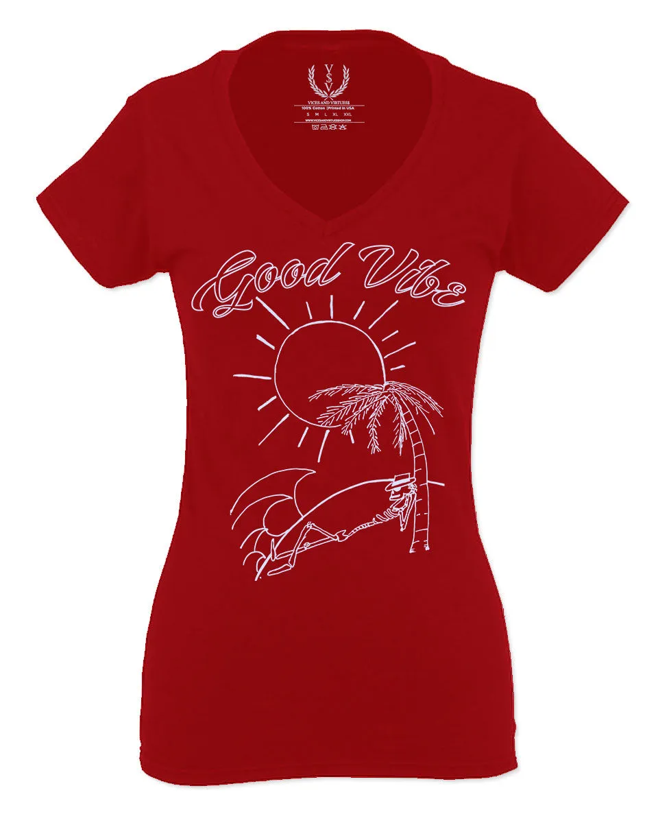 Good Vibe Summer Vintage Retro Beach surf Palm Tree Vacation Skeleton For Women V neck fitted T Shirt